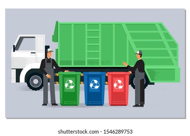 Two garbagemen working together on emptying dustbins for trash removal.Garbage truck and dustmen.Vector illustration in flat style