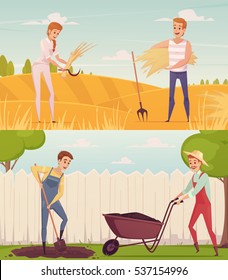 Two gardener farmer cartoon people compositions set with funny cartoon characters doing field and garden work vector illustration