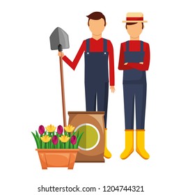 two gardener men with shovel potted flowers and sack soil gardening