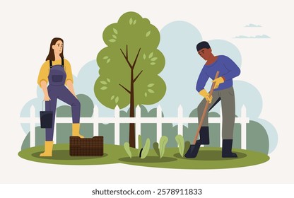 Two gardeners collaborating in a vibrant garden. Planting and nurturing various plants during spring. Emphasizing teamwork and a commitment to ecological practices. They create a thriving environment