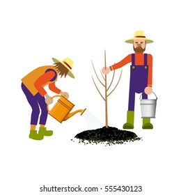 Two gardeners planting a tree. Vector illustration