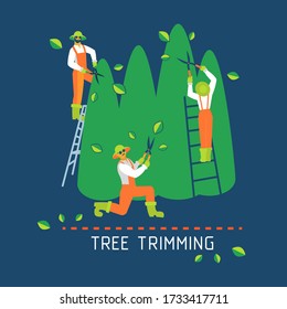 Two gardeners standing on a stepladder and trimming tall trees. A third gardener pruning the trees below. Tree service icon. Flat vector illustration. Garden care concept for design of banners, flyer.