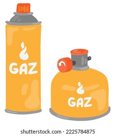 Two gas camping cylinders. Trekking equipment. Hand drawn vector illustration. Suitable for website, stickers, postcards.