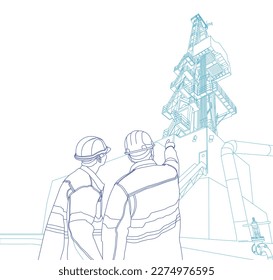 Dos trabajadores de la industria del gas observan la torre de perforación de gas, ilustración de vector de línea