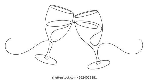 Dois copos de vinho. Desenho de linha contínuo.