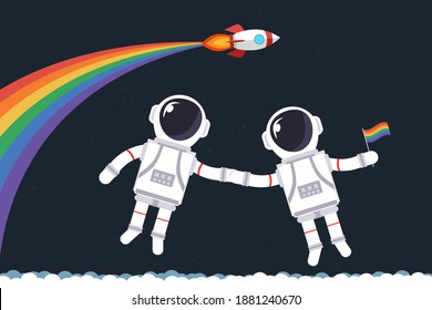 Two gay astronauts in space holding hands and wave with Lgbt flag and a rocket in the background emits rainbow colored smoke. Copy space for design or text. Flat style design vector