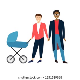 Two Gay Cartoon men couple with baby in a stroller. Vector Illustration EPS10