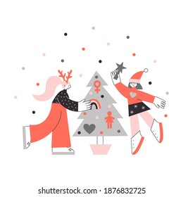 Two gay girls around Christmas tree  decorating it with lesbian symbols. Lgbt queer New Year vector flat illustration. Homosexual family celebration concept.