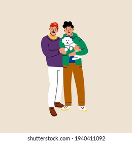 Two gay Guys or friends standing and holding a dog. Happy family portrait. Hand drawn colored Vector illustration. Adoption, parenting, friendship, lgbt concept