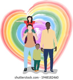 Two gay guys with kids against the background of the lgbt flag.  Happy Valentine's Day, Mother's Day, Family Day for the homosexual community. Interracial family. 