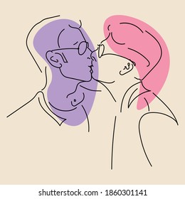 Two gay guys. Kiss of a couple in love. Line art. Representatives of the LGBT community.