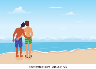 two gay guys together standing on beach LGBT flag and enjoying pride