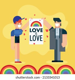 Two gay lgbt couple boys people holding pride month love is love with rainbow placard vector illustration poster background