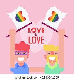 Two gay lgbt couple boys people holding pride month love is love flags with rainbow hearts vector illustration poster template