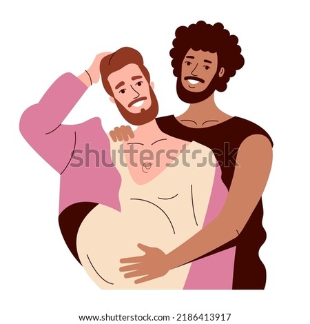 two gay men of different races hug. the dark guy smiles. Pregnant transgender queer man, pink hair