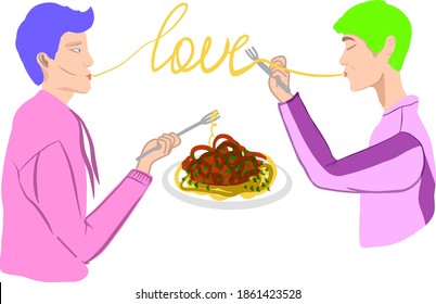 Two Gay Men Eat Pasta At Dinner. Pasta Text. Love. Equality