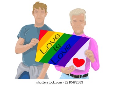 Two gay men hold a poster in their hands, on which the LGBT flag is drawn in the colors of the rainbow. Isolated on while. Vector graphics.