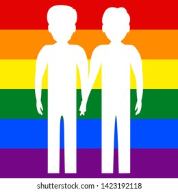 Two gay men holding hands against the background of the LGBT flag. Homosexual family vector illustration.