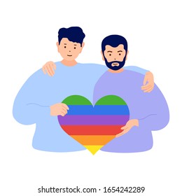 Two gay men hug and hold in their hands a rainbow heart symbol of LGBT. Happy homosexual couple isolated on a white background. Vector illustration in cartoon style. Pride Day Concept.