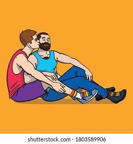 two gay men are sitting on the floor and kissing. yellow background.