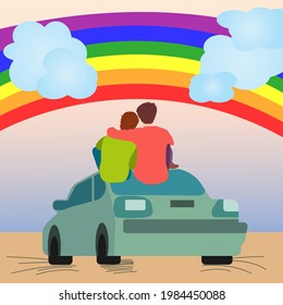 Two Gay Men Sitting On Car And Looking At Rainbow. Two Gay Guys Hugging. LGBT Pride Month. LGBT Parade. Human Rights And Tolerance. Vector Cartoon Illustration