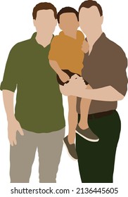 Two gay men stand side by side and hold their son