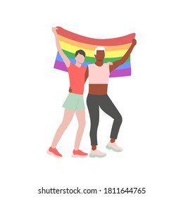 Two gays hold LGBT flag at a pride parade. LGBTQ community cartoon character. Flat vector illustration.