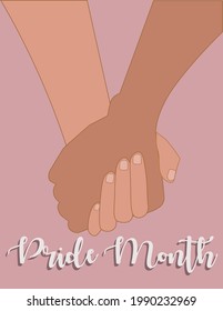 Two gays holding hands by hands. Pride month poster, LGBT, 2021