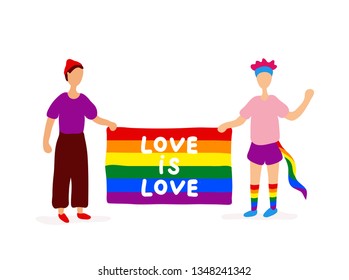 Two gays holding rainbow flag. Vector flat modern style illustration icon design. Isolated on white background. Gay parade concept.