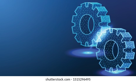 Two Gear, Cog wheel. Transmission concept. Mechanical technology machine, Industry development, engine work, business solution, team work concept, Abstract low poly, Triangle, dot, line, polygon. 