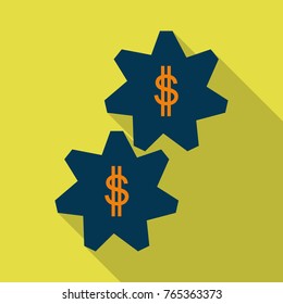 Two gear with dollar into, sign simple icon on background with shadow