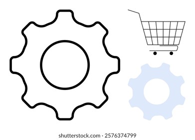 Two gear graphics and a shopping cart symbol in a minimalistic style. Ideal for themes e-commerce automation, online shopping, technology, business efficiency, digital marketing