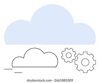 Dos iconos de engranajes junto a ilustraciones simples de nubes. Ideal para servicios en la nube, tecnología, desarrollo de software, infraestructura de TI, automatización, plataformas en línea de la industria 4.0. Metáfora de línea