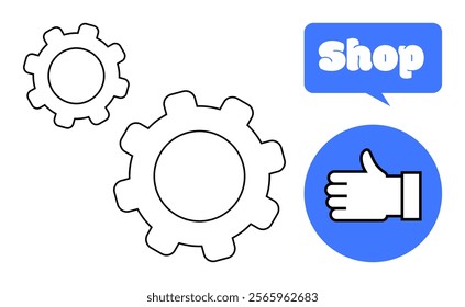 Two gear icons, a blue speech bubble with the word shop, and a blue circle containing a thumbs up icon. Ideal for e-commerce, business optimization, customer feedback, online shopping, and service