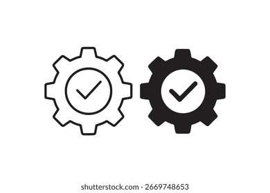 Dos iconos de engranaje con marcas de verificación, un contorno y una silueta aislados sobre fondo blanco