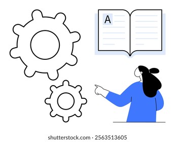 Two gear icons and an open book with a person pointing at them portraying learning. Ideal for education, knowledge sharing, technical learning, mechanical concepts, instructional design. Outline