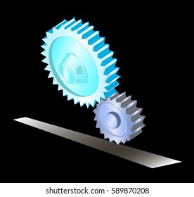 Two gear rolling on white line isolated in black.