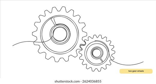 two gear wheels continuous single line art drawing sketch on white background	