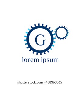 Two gear wheels and letter G vector logo template (sign, symbol, emblem, ornament)