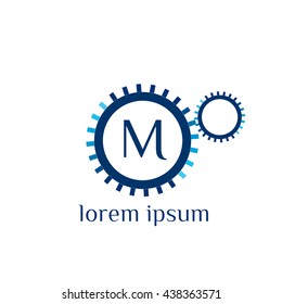 Two gear wheels and letter M vector logo template (sign, symbol, emblem, ornament)