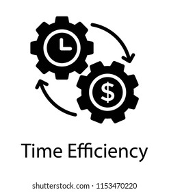 
Two gears attached with each other having clock and dolla sign, time efficiency 
