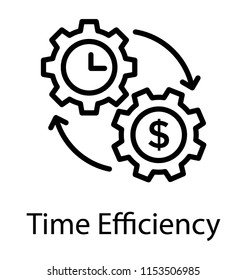 
Two gears attached with each other having clock and dolla sign, time efficiency 
