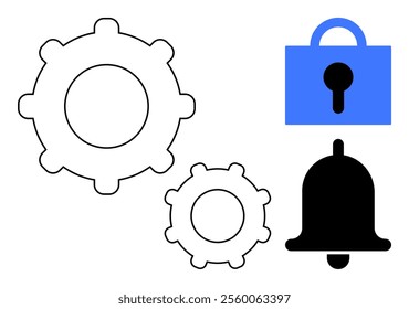 Two gears a bell and a locked padlock icon. Ideal for technology security notifications app settings system preferences user interface automation. Modern minimalist vector style