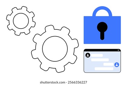 Two gears, a blue padlock, and a user interface window with text. Ideal for technology, privacy, settings, security, and digital interfaces. Simple, clear design, vector elements, with blue and black