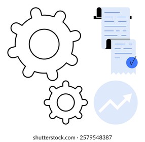 Two gears, a checklist with a checkmark, and an upward graph arrow on a blue circle. Ideal for business processes, automation, workflow efficiency, task management, and performance tracking. Simple