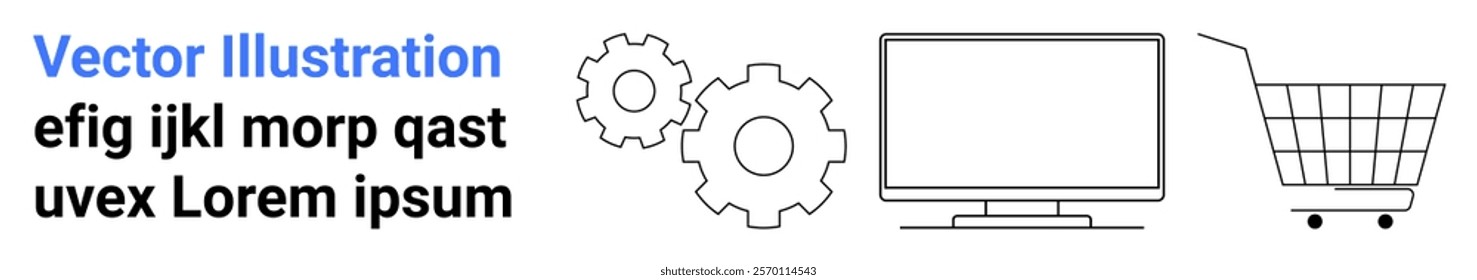 Two gears, a computer monitor, and a shopping cart with text are included. Ideal for e-commerce, online shopping, technology, digital marketing, and software development themes. Banner for landing