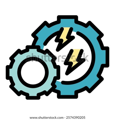 Two gears connecting and generating lightning bolts, perfect for representing concepts like energy, power, and synergy