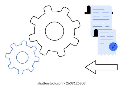 Two gears of different sizes next to two documents with a checkmark and an arrow pointing left. Ideal for teamwork, project management, business processes, workflow, and efficiency themes. Simple