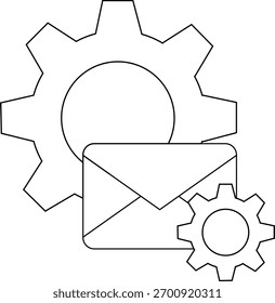 Dos engranajes y un sobre están dispuestos en una simple ilustración delineada