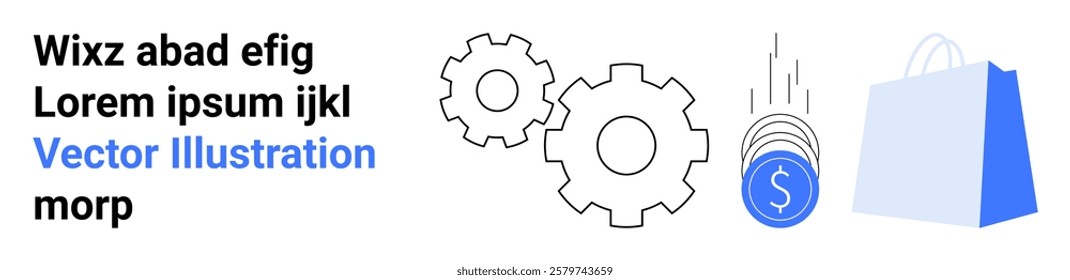 Two gears, falling coins, and a shopping bag. Ideal for online shopping, e-commerce services, payment systems, digital marketing, and business solutions. Landing page